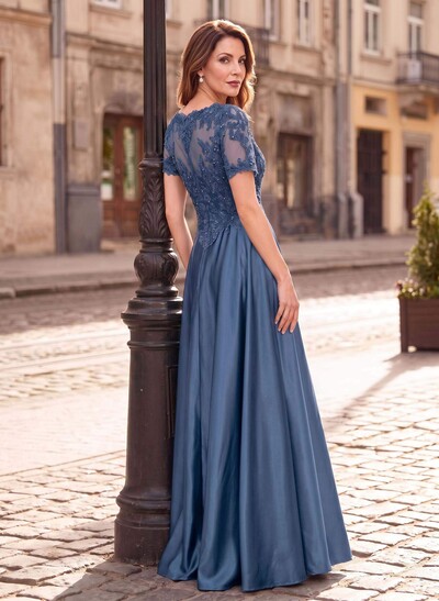 A-Line Scoop Neck Short Sleeves Floor-Length Satin Mother Of The Bride Dresses With Sequins/Appliques Lace