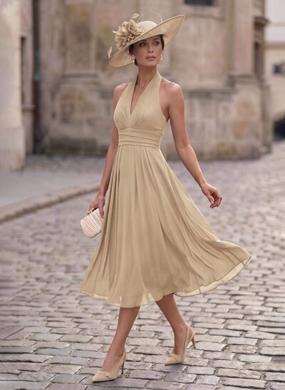 A-Line Plunge Neck Sleeveless Tea-Length Chiffon Mother Of The Bride Dresses With