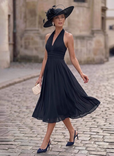 A-Line Plunge Neck Sleeveless Tea-Length Chiffon Mother Of The Bride Dresses With