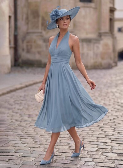 A-Line Plunge Neck Sleeveless Tea-Length Chiffon Mother Of The Bride Dresses With