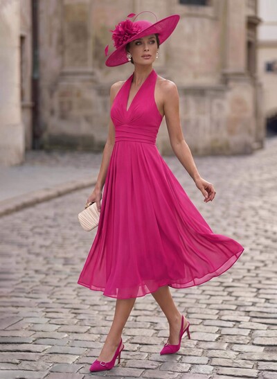 A-Line Plunge Neck Sleeveless Tea-Length Chiffon Mother Of The Bride Dresses With