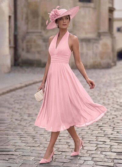 A-Line Plunge Neck Sleeveless Tea-Length Chiffon Mother Of The Bride Dresses With