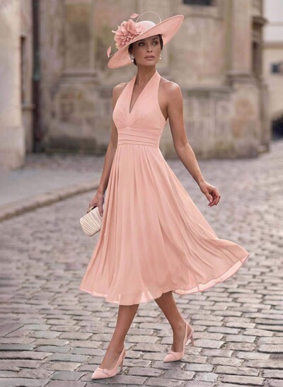 A-Line Plunge Neck Sleeveless Tea-Length Chiffon Mother Of The Bride Dresses With