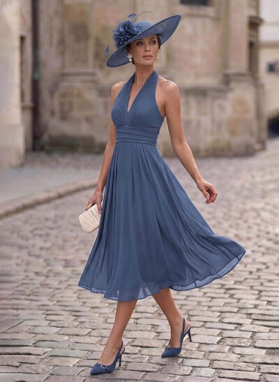A-Line Plunge Neck Sleeveless Tea-Length Chiffon Mother Of The Bride Dresses With
