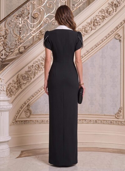 Fitted V-Neck Short Sleeve Floor-Length Stretch Satin Mother Of The Bride Dress With Cascading Frills And High Slit