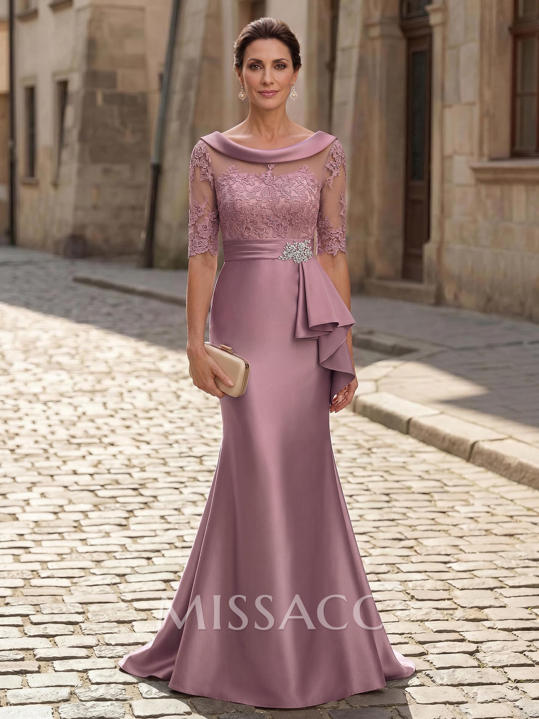 Trumpet/Mermaid Scoop Neck 1/2 Sleeves Sweep Train Satin Mother Of The Bride Dresses With Cascading Ruffles/Appliques Lace/Sash