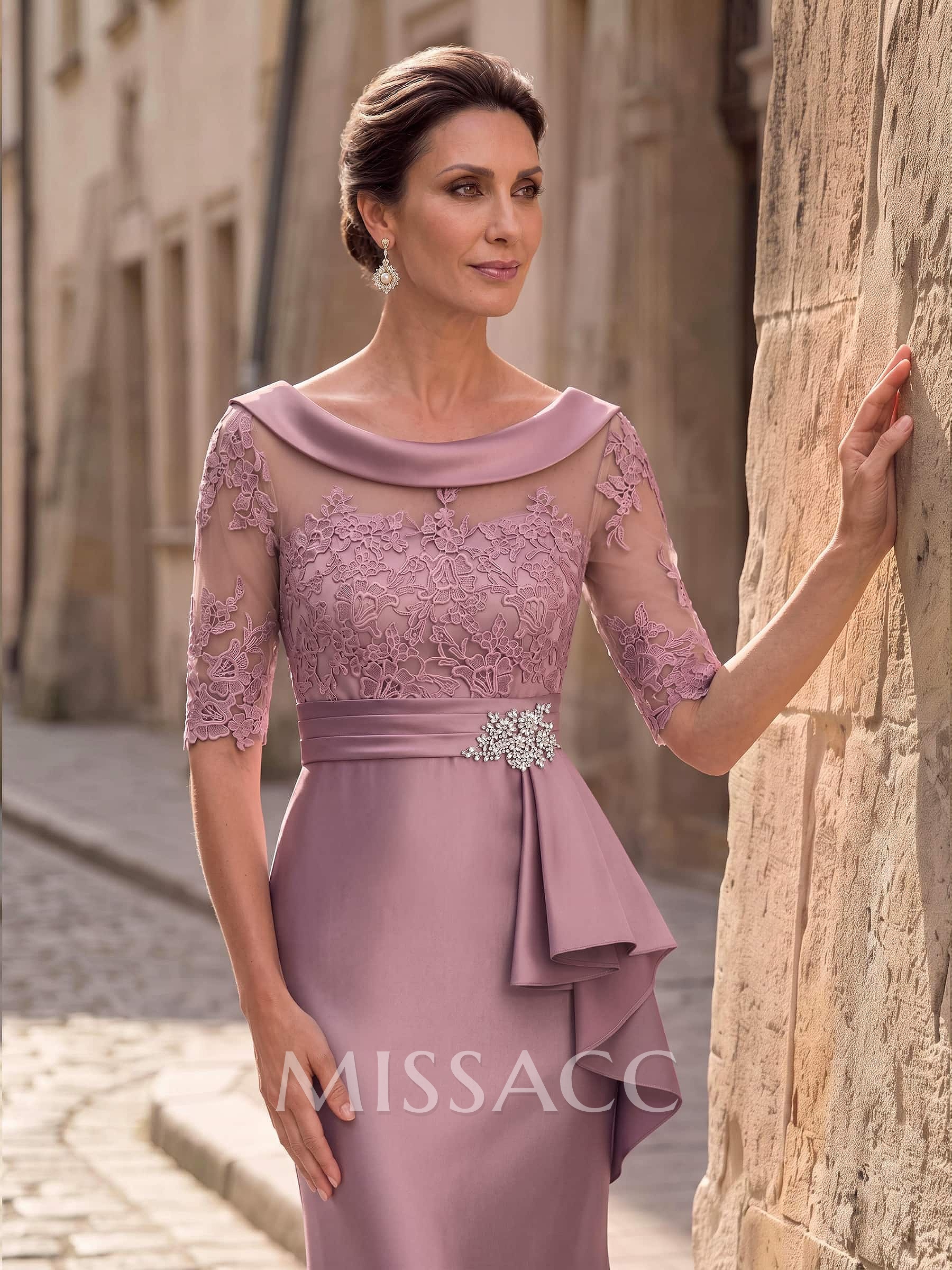 Trumpet/Mermaid Scoop Neck 1/2 Sleeves Sweep Train Satin Mother Of The Bride Dresses With Cascading Ruffles/Appliques Lace/Sash