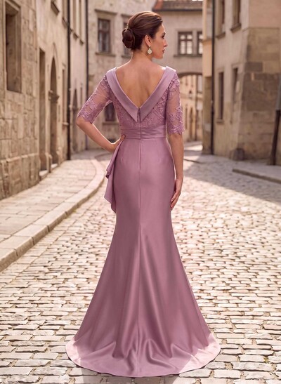 Trumpet/Mermaid Scoop Neck 1/2 Sleeves Sweep Train Satin Mother Of The Bride Dresses With Cascading Ruffles/Appliques Lace/Sash