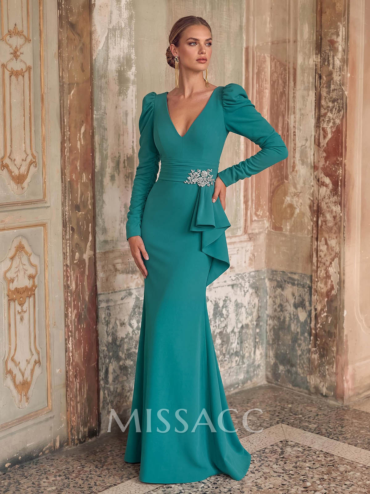 Trumpet/Mermaid V-Neck Long Sleeves Floor-Length Elastic Satin Mother Of The Bride Dresses With Cascading Ruffles/Beading