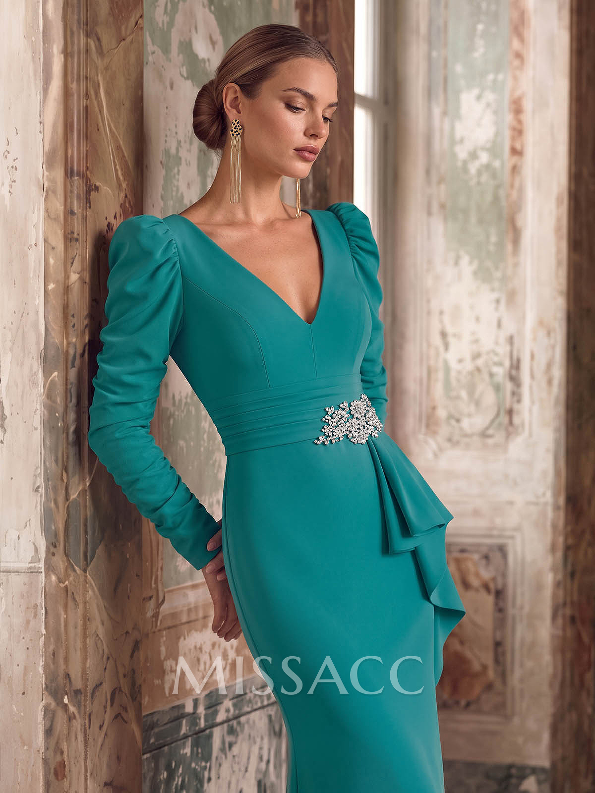 Trumpet/Mermaid V-Neck Long Sleeves Floor-Length Elastic Satin Mother Of The Bride Dresses With Cascading Ruffles/Beading
