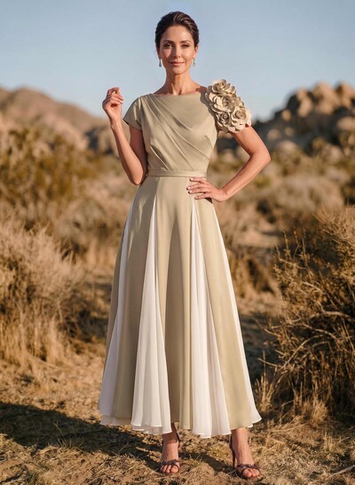 A-Line Scoop Neck Short Sleeves Ankle-Length Chiffon/Elastic Satin Mother Of The Bride Dresses With Flower