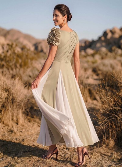 A-Line Scoop Neck Short Sleeves Ankle-Length Chiffon/Elastic Satin Mother Of The Bride Dresses With Flower