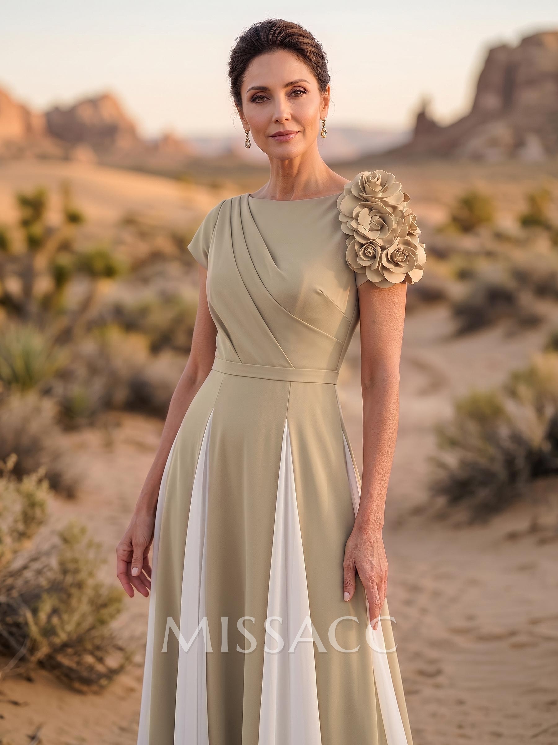A-Line Scoop Neck Short Sleeves Ankle-Length Chiffon/Elastic Satin Mother Of The Bride Dresses With Flower