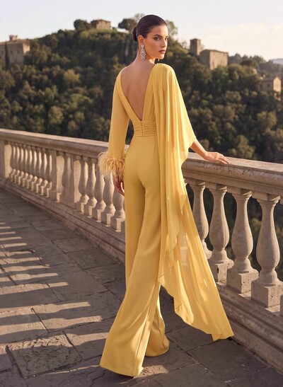 Jumpsuit/Pantsuit V-Neck Long Sleeves Floor-Length Chiffon Mother Of The Bride Dresses With Sweeping Side Drape