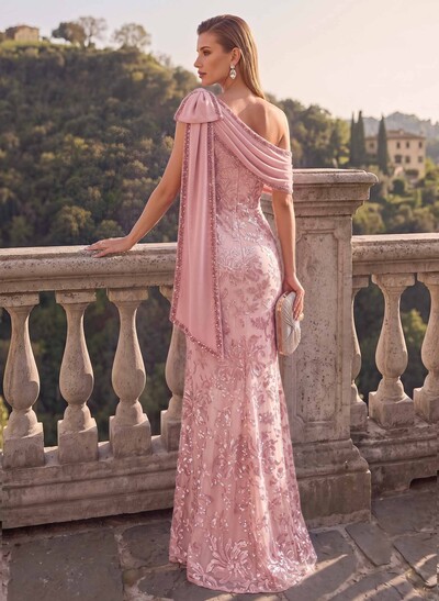 Fishtail/Mermaid Asymmetric Floor-Length Stretch Satin Mother Of The Bride Dresses With Bow/Lace