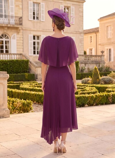 A-Line Cowl Neck Short Sleeves Asymmetrical Chiffon Mother Of The Bride Dresses With Pleated