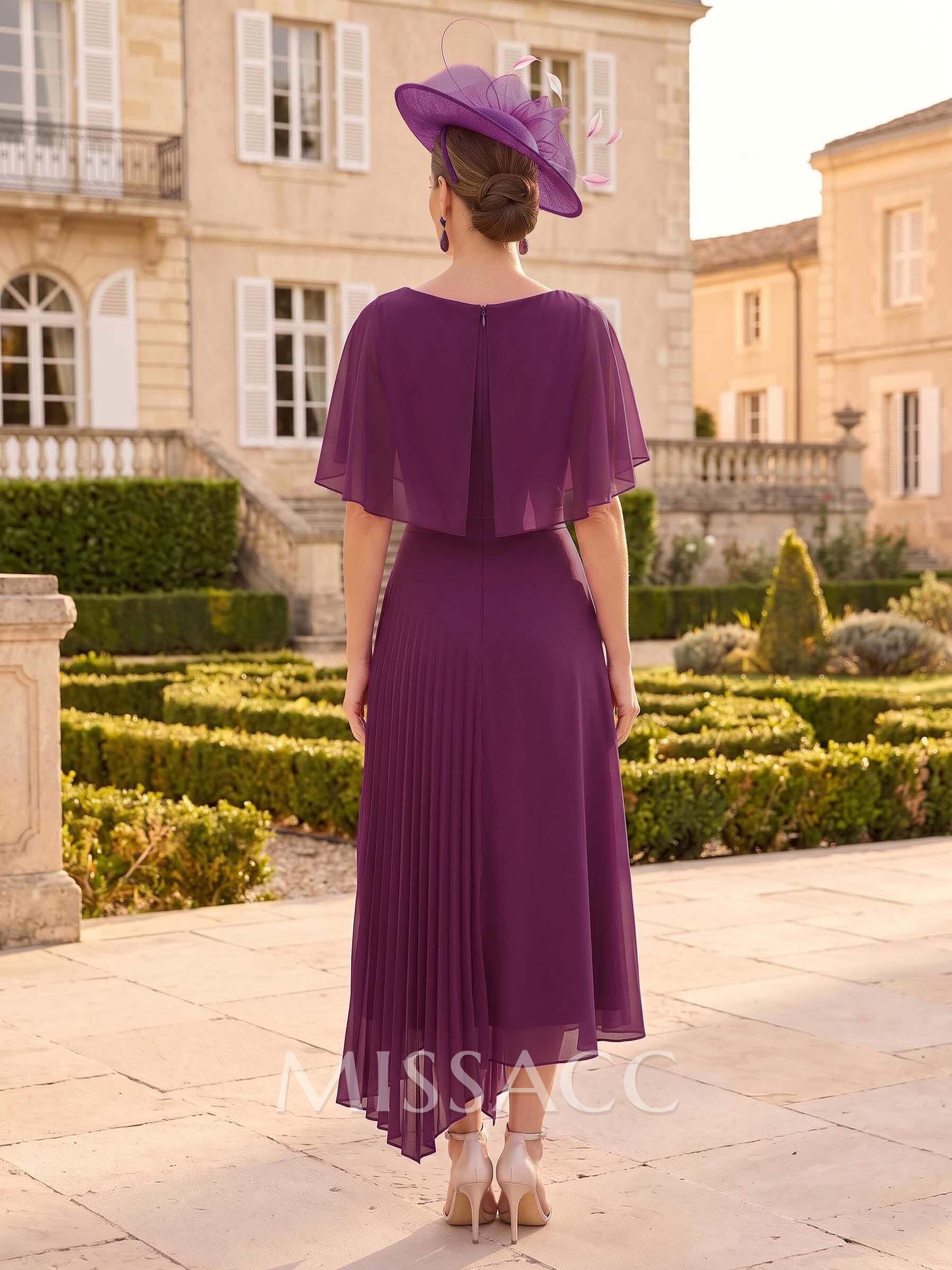 A-Line Cowl Neck Short Sleeves Asymmetrical Chiffon Mother Of The Bride Dresses With Pleated