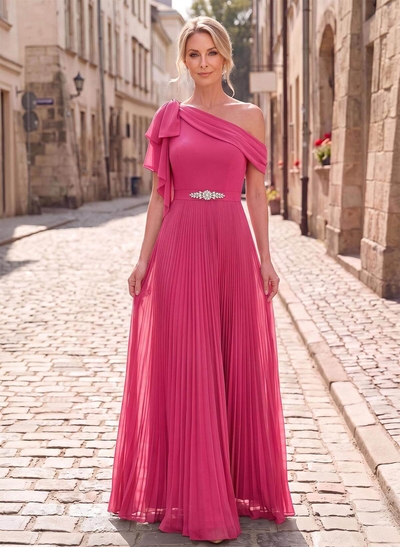 A-Line Asymmetrical Sleeveless Floor-Length Chiffon Mother Of The Bride Dress With Pleated Shoulder Ruffles