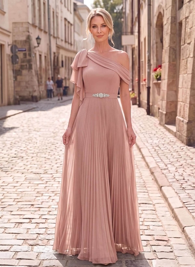 A-Line Asymmetrical Sleeveless Floor-Length Chiffon Mother Of The Bride Dress With Pleated Shoulder Ruffles