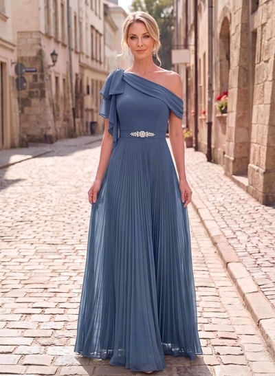 A-Line Asymmetric Sleeveless Maxi Chiffon Mother Of The Bride Dress With Pleats And Shoulder Ruffles