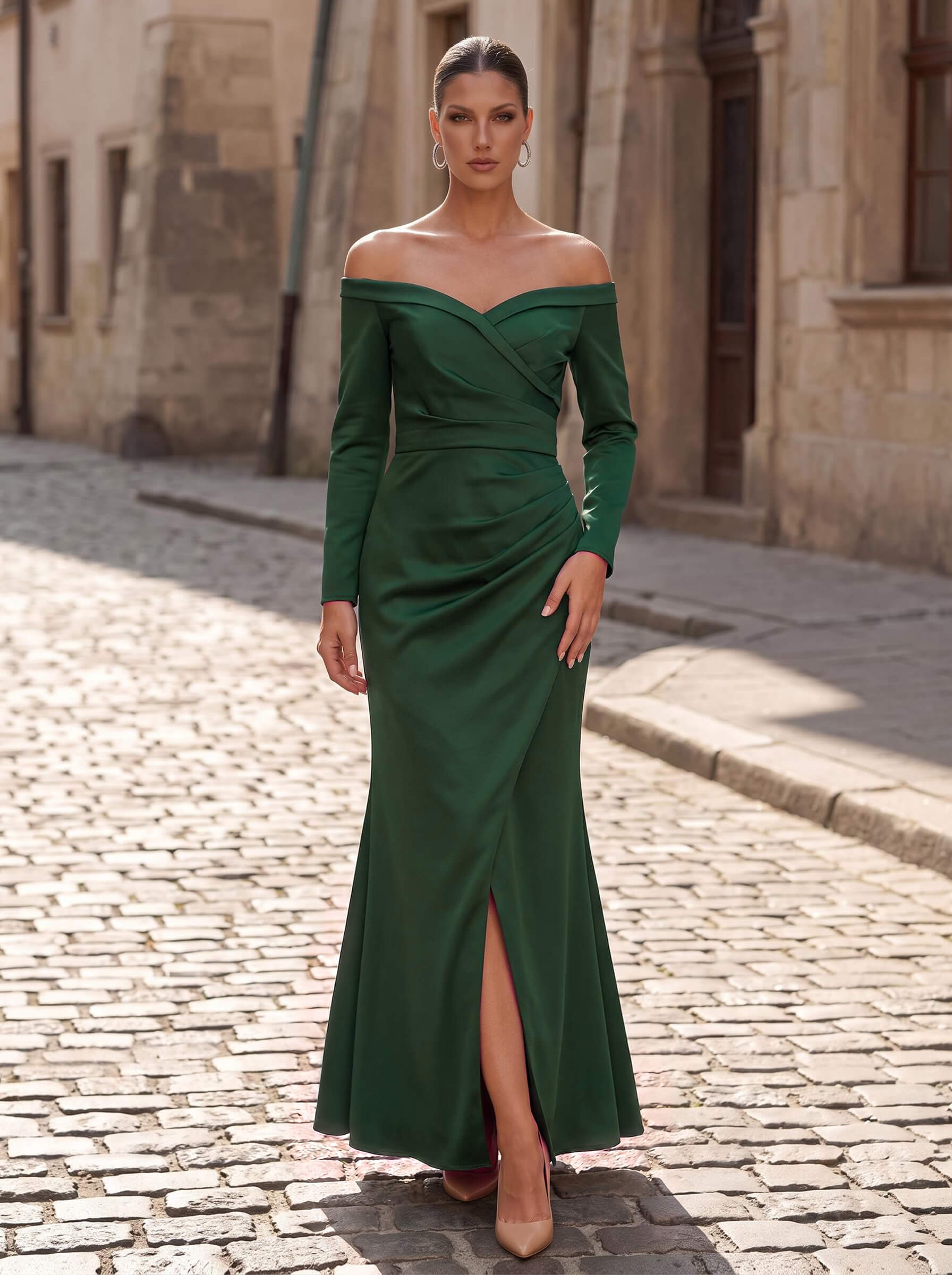 Trumpet/Mermaid Off-The-Shoulder Long Sleeves Ankle-Length Crepe Satin Cocktail Dresses With Split Front