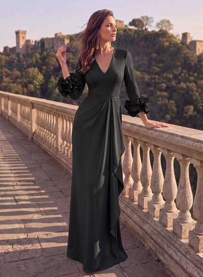 Sheath/Column V-Neck 3/4 Sleeve Floor-Length Stretch Satin Mother Of The Bride Dress With Cascading Ruffles