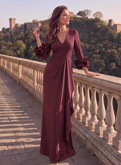 Sheath/Column V-Neck 3/4 Sleeves Floor-Length Elastic Satin Mother Of The Bride Dresses With Cascading Ruffles