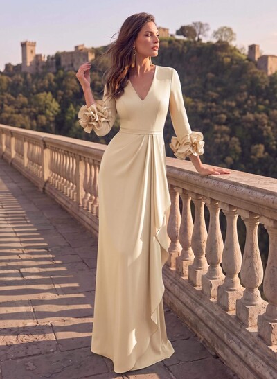 Sheath/Column V-Neck 3/4 Sleeves Floor-Length Elastic Satin Mother Of The Bride Dresses With Cascading Ruffles