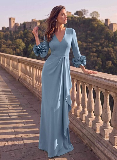 Sheath/Column V-Neck 3/4 Sleeves Floor-Length Elastic Satin Mother Of The Bride Dresses With Cascading Ruffles