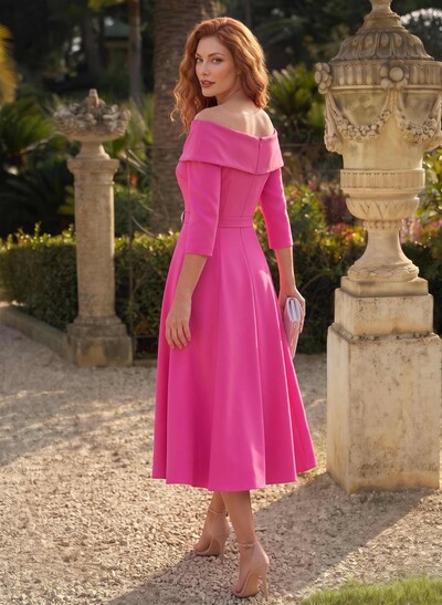 A-Line V-Neck 3/4 Sleeves Tea-Length Elastic Satin Mother Of The Bride Dresses