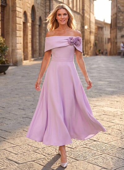 A-Line Off-The-Shoulder Ankle-Length Elastic Satin Mother Of The Bride Dresses With Flower