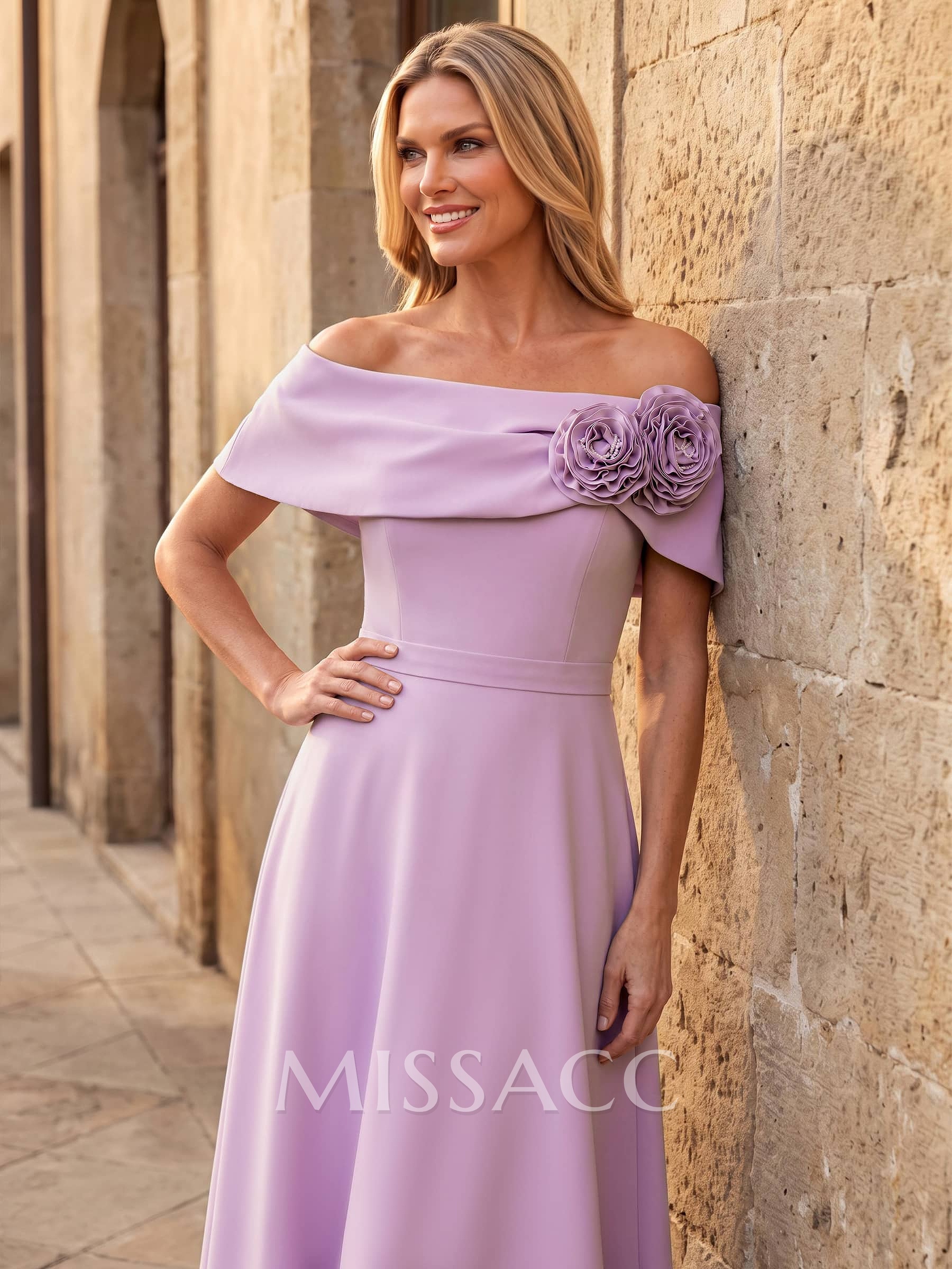 A-Line Off-The-Shoulder Ankle-Length Elastic Satin Mother Of The Bride Dresses With Flower