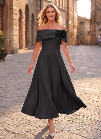 A-Line Bardot Ankle-Length Stretch Satin Mother of the Bride Dress with Floral Detail