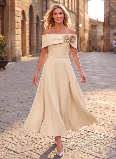 A-Line Off-The-Shoulder Ankle-Length Elastic Satin Mother Of The Bride Dresses With Flower