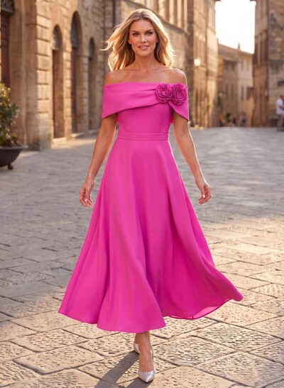 A-Line Off-The-Shoulder Ankle-Length Elastic Satin Mother Of The Bride Dresses With Flower