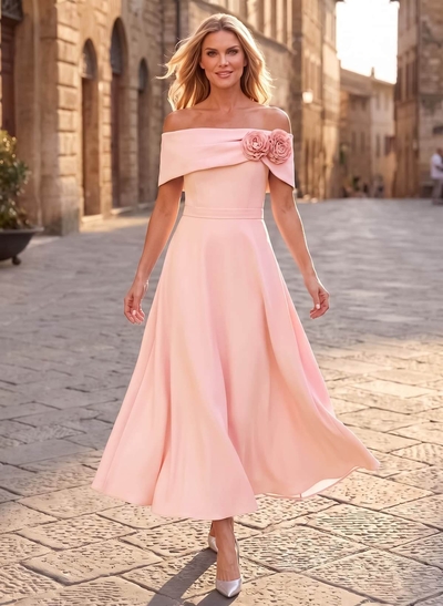 A-Line Off-The-Shoulder Ankle-Length Elastic Satin Mother Of The Bride Dresses With Flower