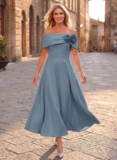 A-Line Off-The-Shoulder Ankle-Length Elastic Satin Mother Of The Bride Dresses With Flower