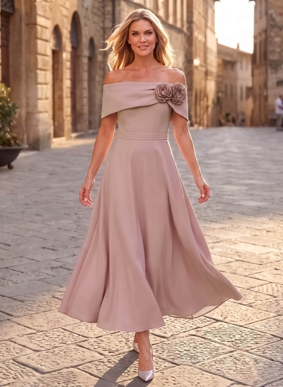 A-Line Off-the-Shoulder Ankle-Length Stretch Satin Mother of the Bride Dress with Flower Appliqué