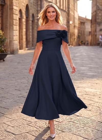 A-Line Off-The-Shoulder Ankle-Length Elastic Satin Mother Of The Bride Dresses With Flower