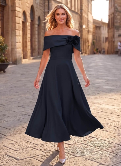 A-Line Off-Shoulder Ankle-Length Stretch Satin Mother of the Bride Dress with Floral Detail