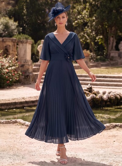 A-Line V-Neck 1/2 Sleeves Ankle-Length Chiffon Mother Of The Bride Dresses With Pleated