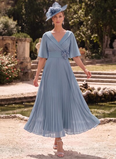 A-Line V-Neck 1/2 Sleeves Ankle-Length Chiffon Mother Of The Bride Dresses With Pleated