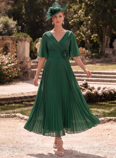 A-Line V-Neck 1/2 Sleeves Ankle-Length Chiffon Mother Of The Bride Dresses With Pleated