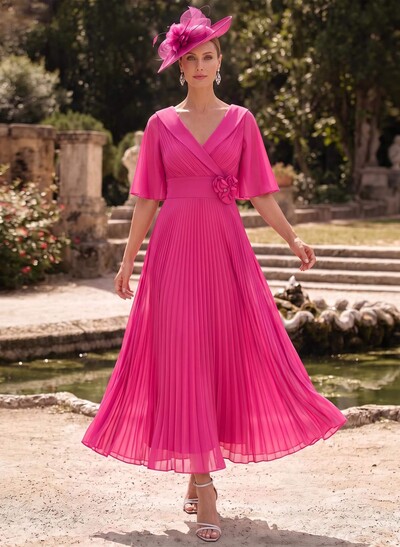 A-Line V-Neck Half Sleeve Ankle-Length Chiffon Mother Of The Bride Dress With Pleats