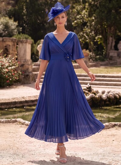 A-Line V-Neck 1/2 Sleeves Ankle-Length Chiffon Mother Of The Bride Dresses With Pleated