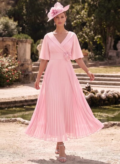 A-Line V-Neck 1/2 Sleeves Ankle-Length Chiffon Mother Of The Bride Dresses With Pleated