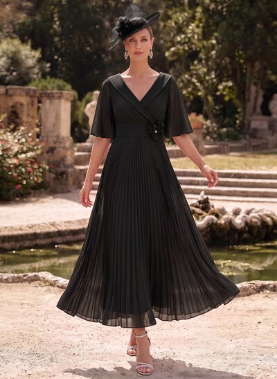 A-Line V-Neck 1/2 Sleeves Ankle-Length Chiffon Mother Of The Bride Dresses With Pleated