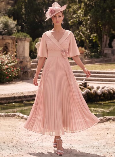 A-Line V-Neck 1/2 Sleeves Ankle-Length Chiffon Mother Of The Bride Dresses With Pleated