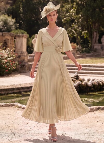 A-Line V-Neck 1/2 Sleeves Ankle-Length Chiffon Mother Of The Bride Dresses With Pleated