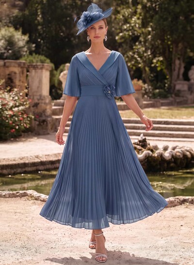 A-Line V-Neck 1/2 Sleeves Ankle-Length Chiffon Mother Of The Bride Dresses With Pleated